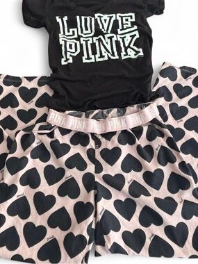 PINK Victoria's Secret Black and Light Pink Heart Lounge Set